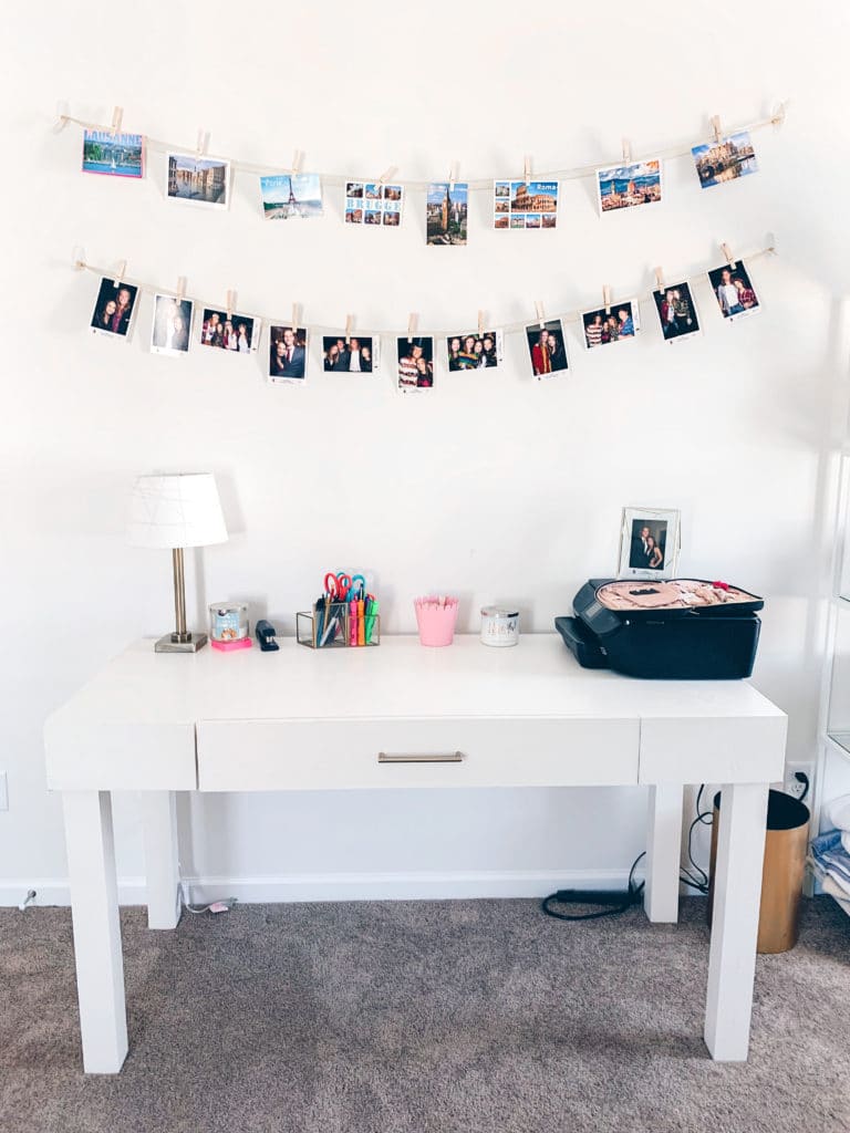 White Desk for College Apartment and String of Photos