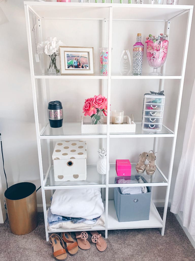 White IKEA Standing Shelves with Home Decor