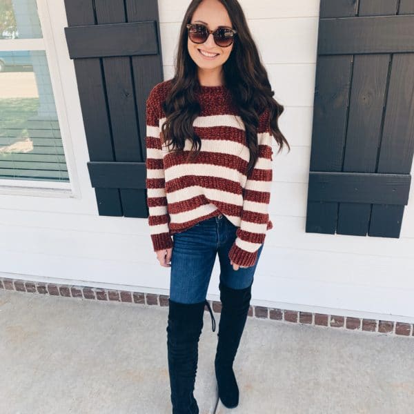 Striped Chenille sweater paired with jeans and over the knee boots for fall