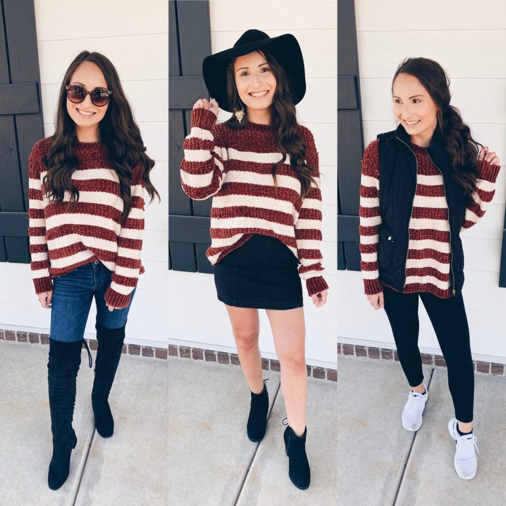 how to style the same sweater 3 different ways - jeans, leggings, and skirts