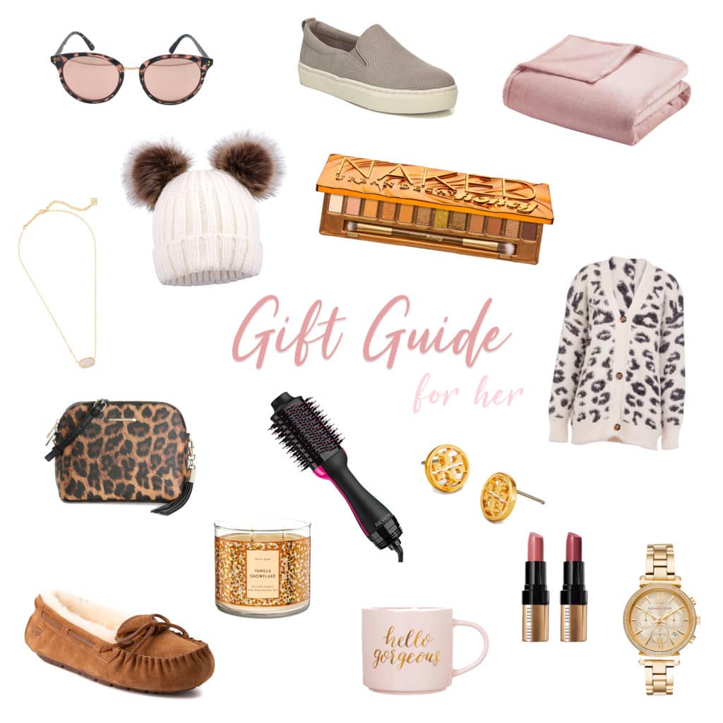 Holiday gift guide for her with makeup, clothing, purses, jewelry, and more!