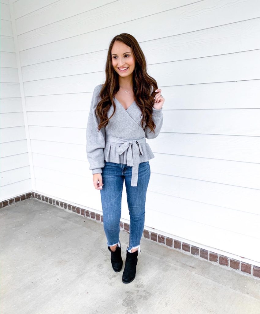 Grey wrap sweater with peplum from amazon prime