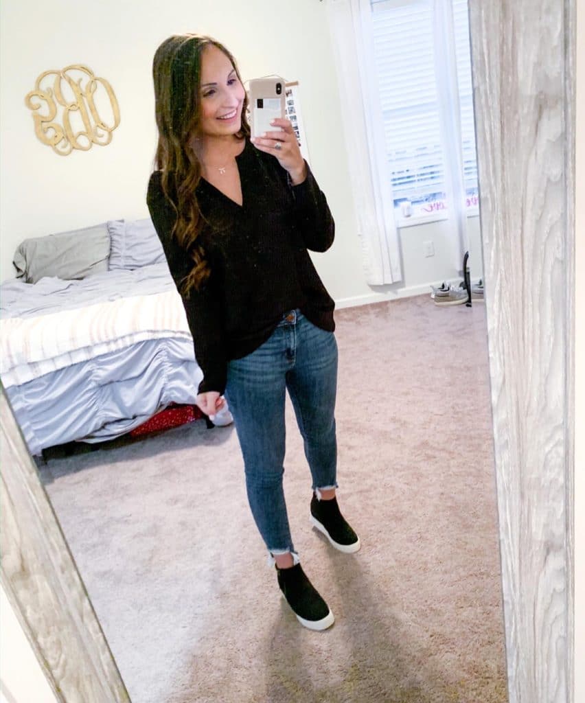 amazon prime waffle knit top in black with a v-neck detail