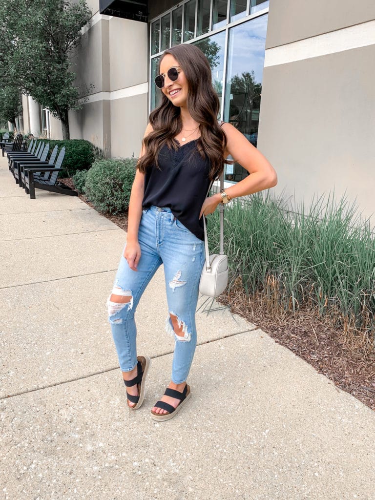 Lace cami from nordstrom rack paired with distressed abercrombie jeans. Great jeans for petite girls because they come in a short version.  Add these adorable amazon sunglasses and strappy sandals to complete the look!