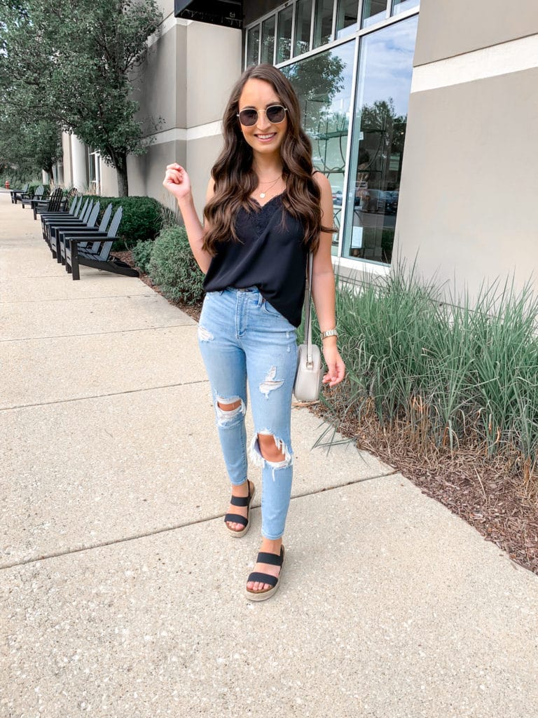 Lace cami from nordstrom rack paired with distressed abercrombie jeans. Great jeans for petite girls because they come in a short version.  Add these adorable amazon sunglasses to complete the look!