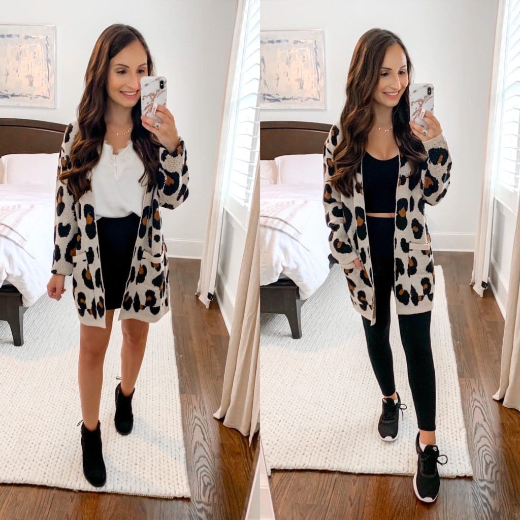 red dress boutique try on - leopard cardigan