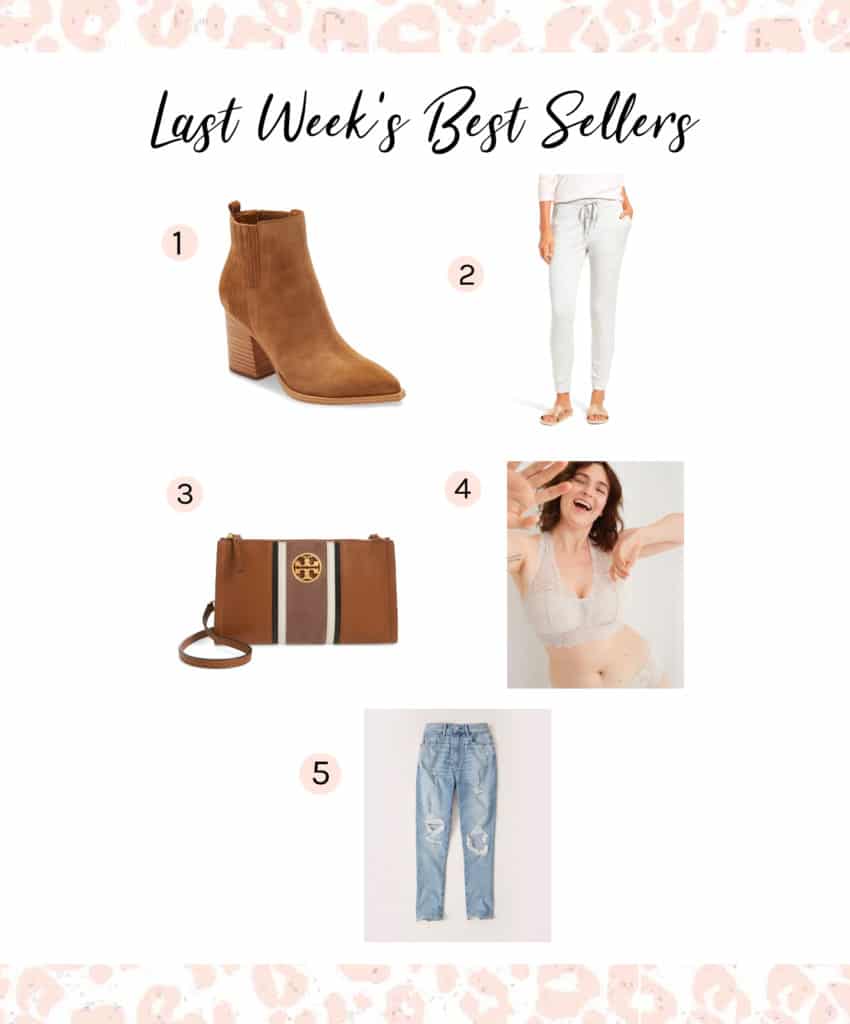 best sellers - booties, joggers, tory burch crossbody, lace bralette, and ripped jeans