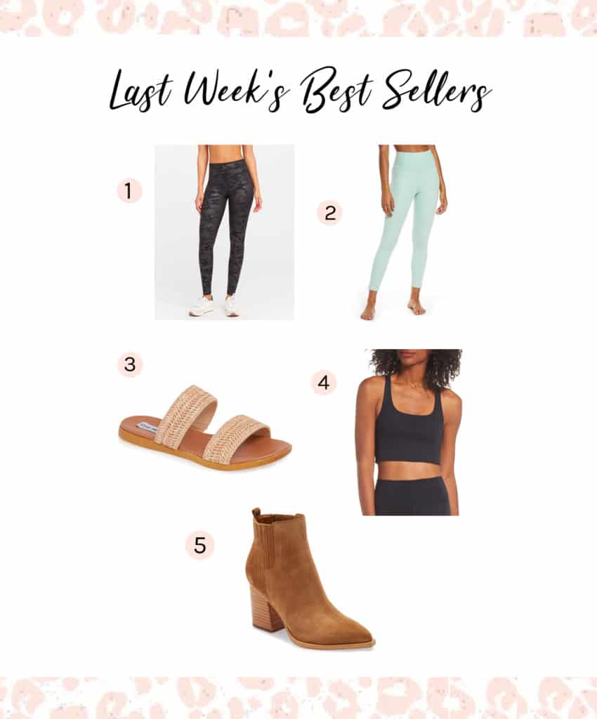 best sellers - camo spanx leggings, nordstrom leggings, steve madden sandals, paloma sports bra top, and marc fisher booties